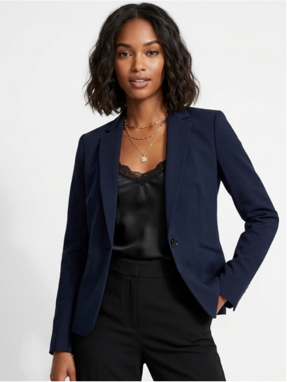 Women's H&M Classic Dark Navy Blazer with White Satin Lining – Size US 8
